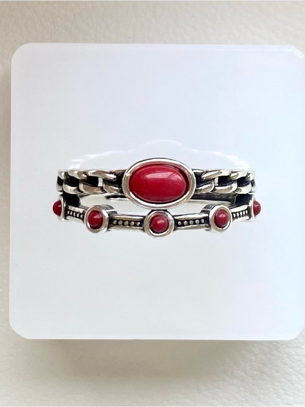 Silver Red Stone Stackable Ring Set
